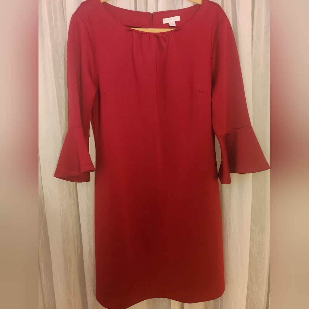 New York & Co. Women's Burgundy Red 3/4 Flare Sleeve Dress Stylish, Size XL EUC - Picture 2 of 10